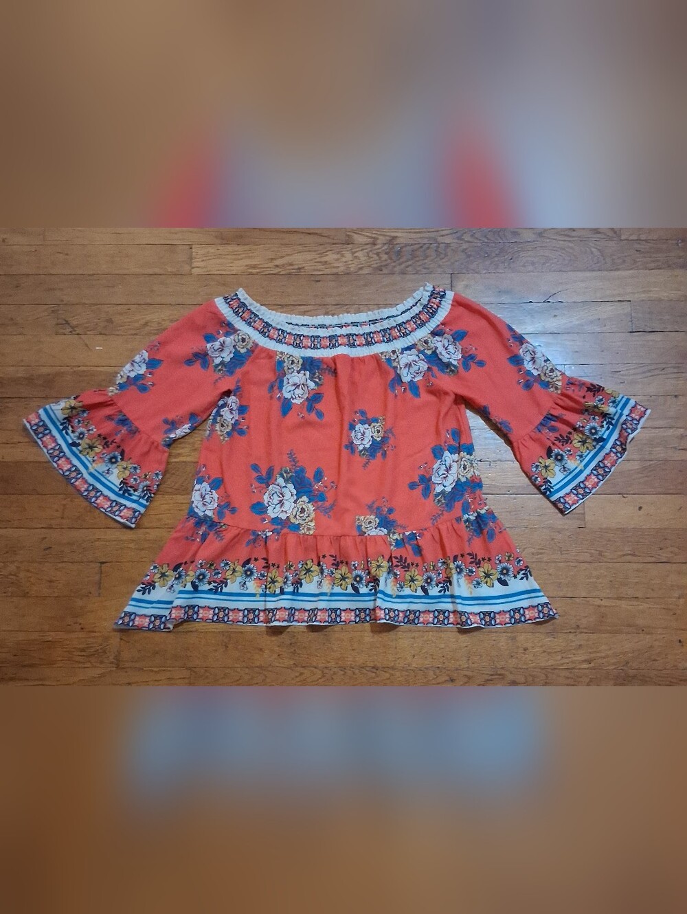 Flying Tomato Red & Blue Floral Off-Shoulder Ruffle Tunic